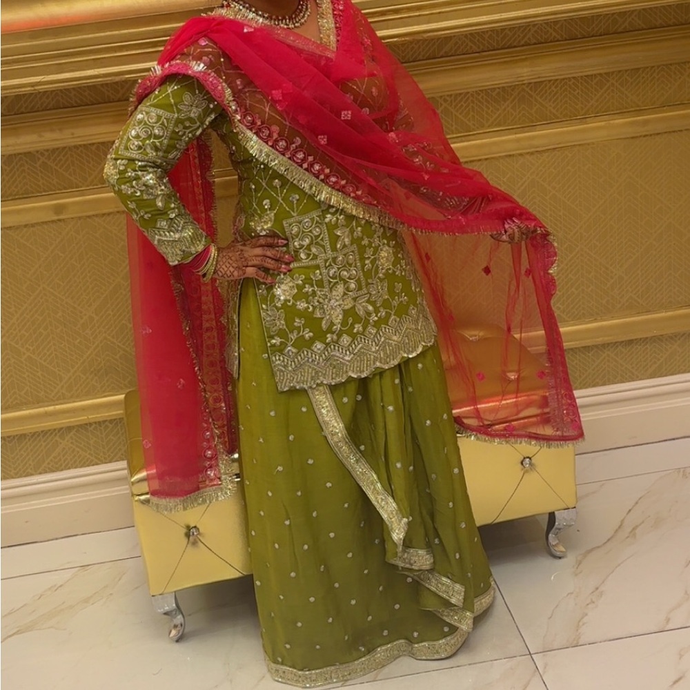 Indian Pakistani Punjabi Green and Pink Embroidered Dhoti style